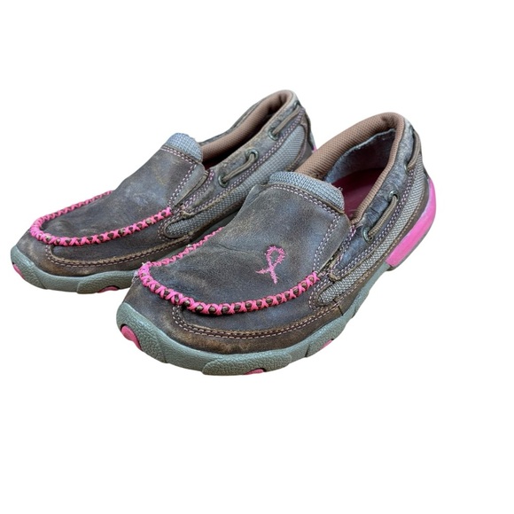 EUC Twisted X Brown and Pink Women's Breast Cancer Awareness Loafers Sz 5.5 - Picture 1 of 7
